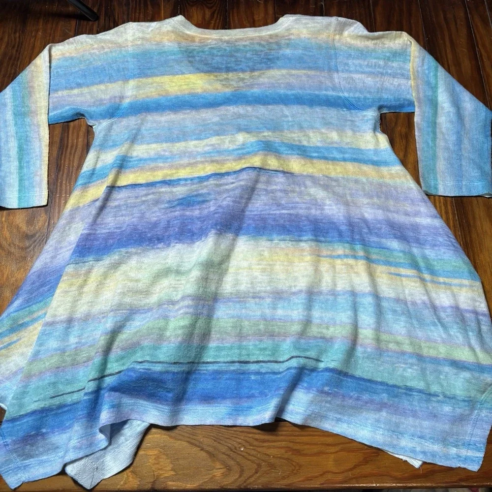 Nally & Millie Abstract Stripe Sweater V-Neck Blue Yellow Beach Asymmetric Hem M